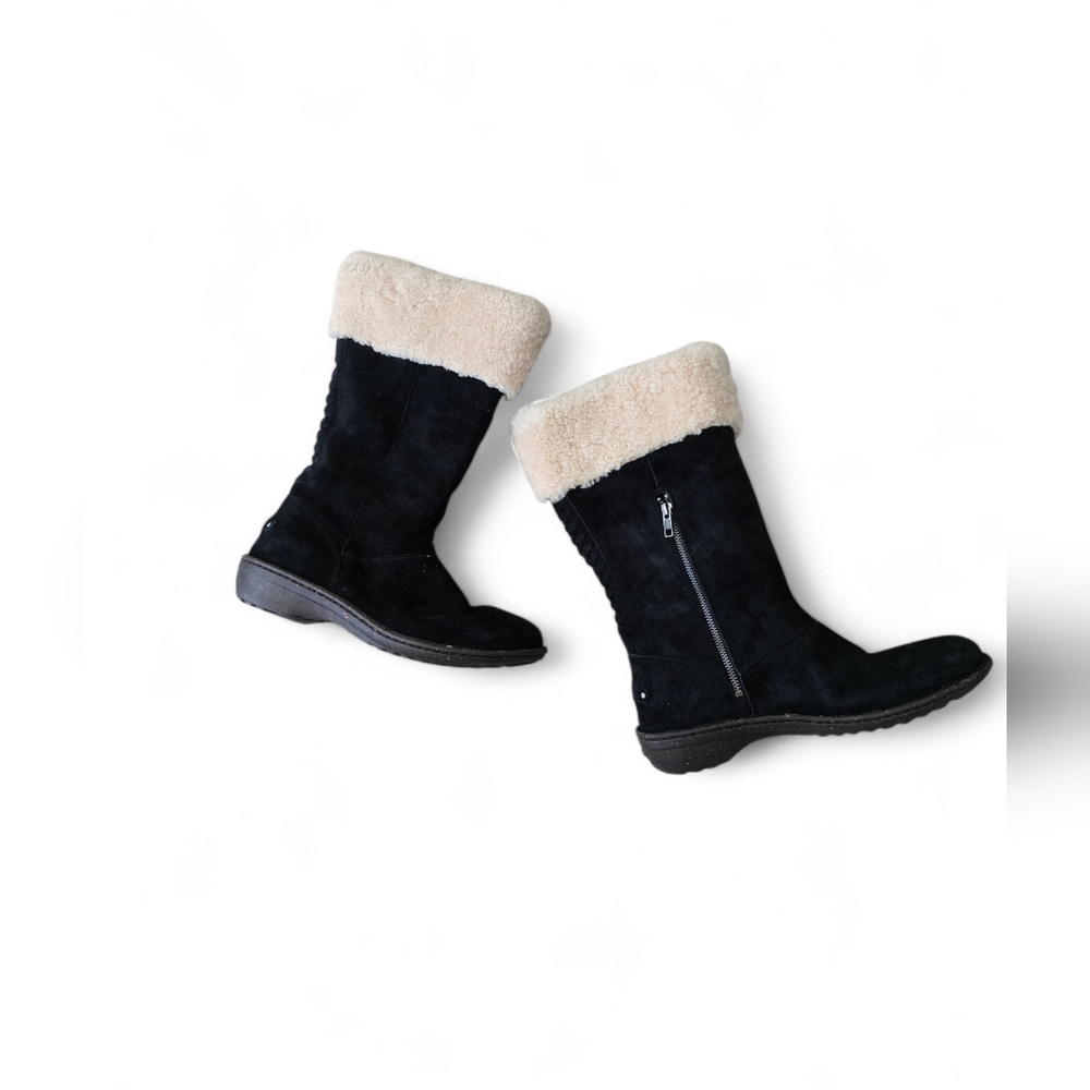 UGG KARYN Shearling Lined Mid Calf Boots Black Suede Side Zip Women’s 10